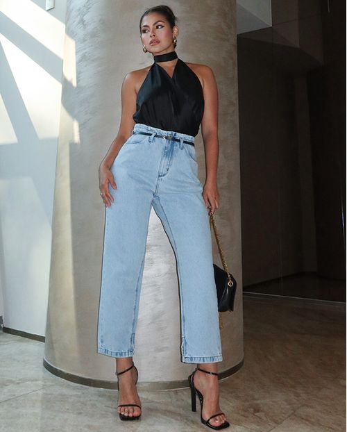 Calça Jeans Reta Straight Feminina Cintura Alta com Cinto 23731 Sky