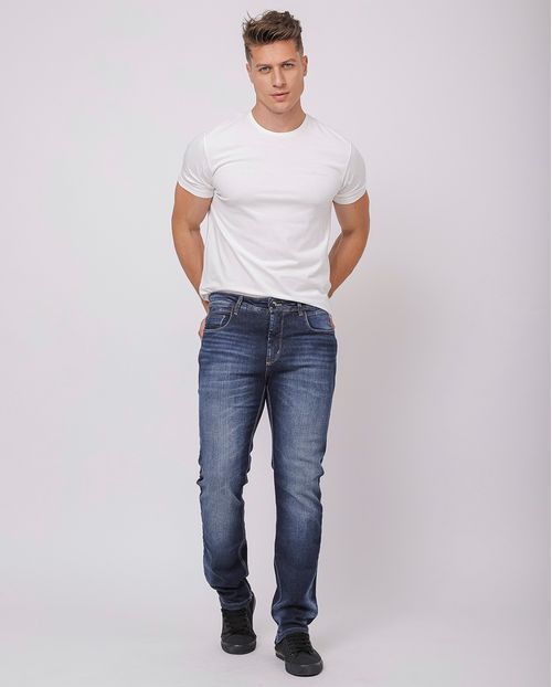 Calça Jeans Slim Fit Masculina Detalhe Costura 23860 Escura com Used