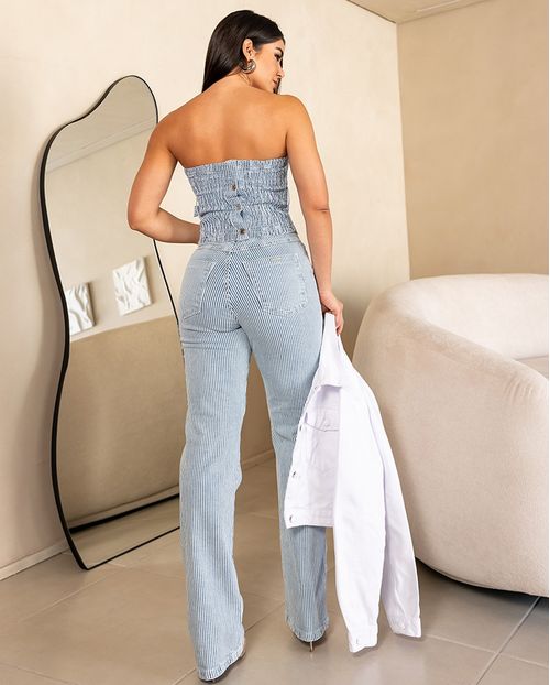 Calça Jeans Reta Feminina Cintura Alta Listrada 23924 Clara