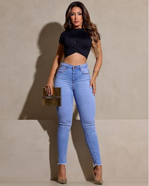 Calça Jeans Skinny Feminina Cintura Média Detalhes Nos Bolsos 23842 Clara