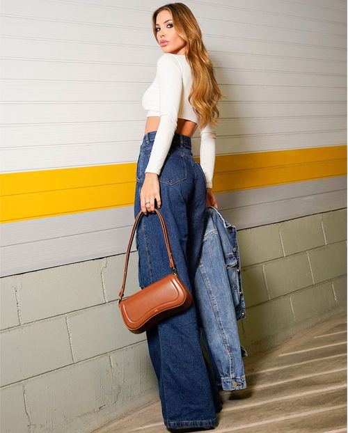 Calça Jeans Feminina Wide Leg Bolsos Frontais 22616 Escura