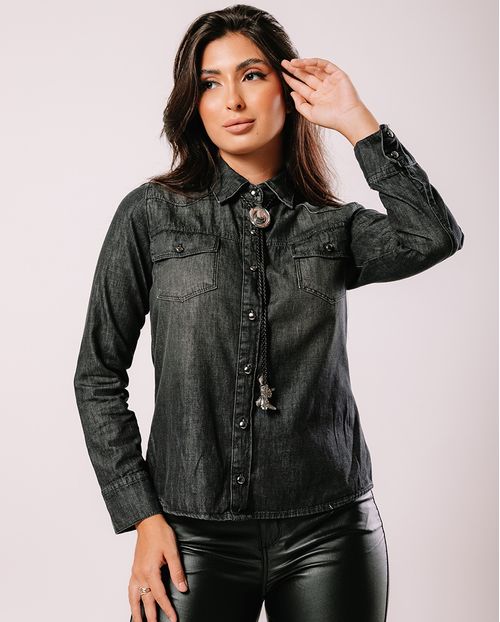 Camisa Jeans Black Feminina Básica 23638 Vintage