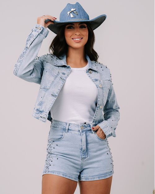 Shorts Jeans Mom Feminino Cintura Alta com Aplicação Rainha do Rodeio 23875 Clara