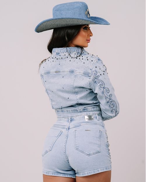 Jaqueta Jeans Cropped Feminina com Bordado e Aplicação Rainha do Rodeio 23704 Clara