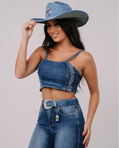 Top Jeans Feminino Aplicação e Bordado 23935 Escura