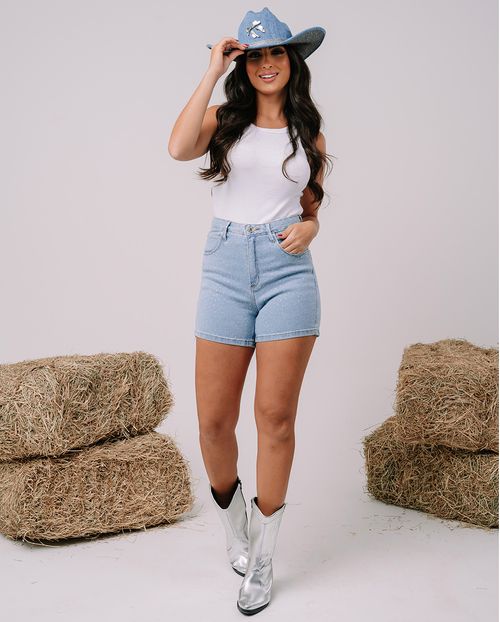 Shorts Jeans Mom Feminino Cintura Alta com Aplicação 23348 Média