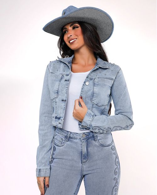 Jaqueta Jeans Cropped Feminina Bordado e Aplicação 24318 Clara