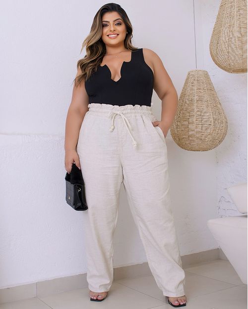 Calça Linho Clochard Plus Size Feminina Cintura Alta com Cordão 23914 Linho