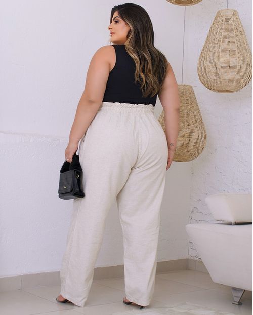 Calça Linho Clochard Plus Size Feminina Cintura Alta com Cordão 23914 Linho