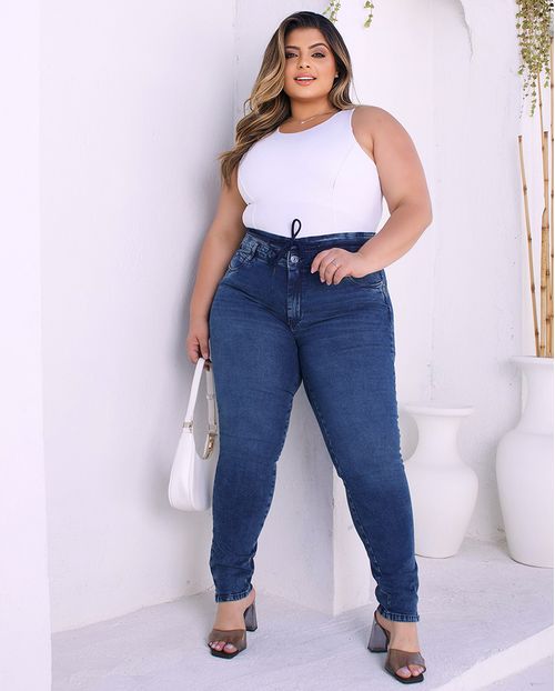 Calça Jeans Rope Plus Size Feminina Cintura Alta com Cordão 23890 Escura