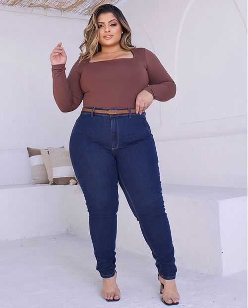 Calça Jeans Skinny Plus Size Feminina Cintura com Cinto 23884 Escura