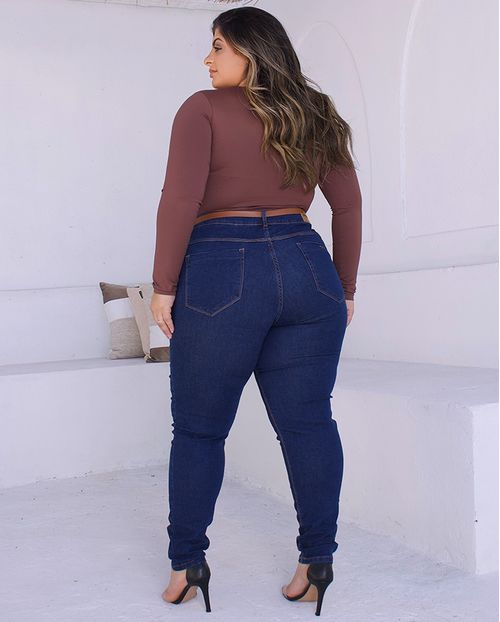 Calça Jeans Skinny Plus Size Feminina Cintura com Cinto 23884 Escura