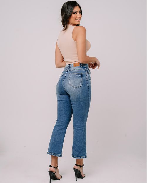 Calça Jeans Cropped Flare Feminina Cintura Média Básica 23623 Sky Medio
