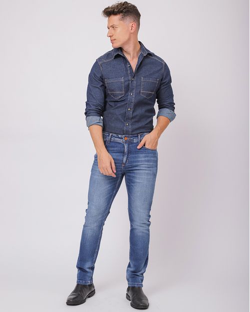 Calça Jeans Slim Fit Masculina Detalhe Bolso 23859 Médio/escuro
