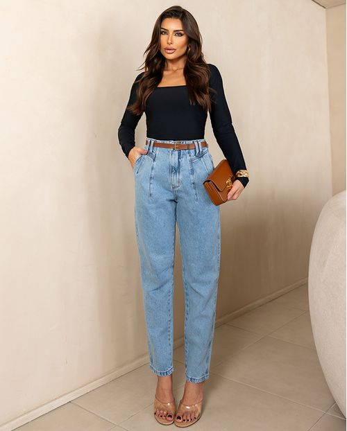 Calça Jeans Mom Feminina Cintura Alta com Cinto 23943 Média