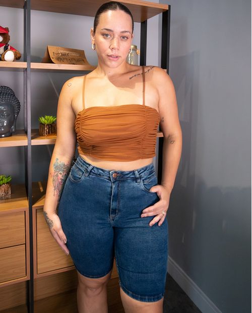 Bermuda Jeans Pedal Plus Size Feminina Cintura Alta Abertura Barra 23551 Escura
