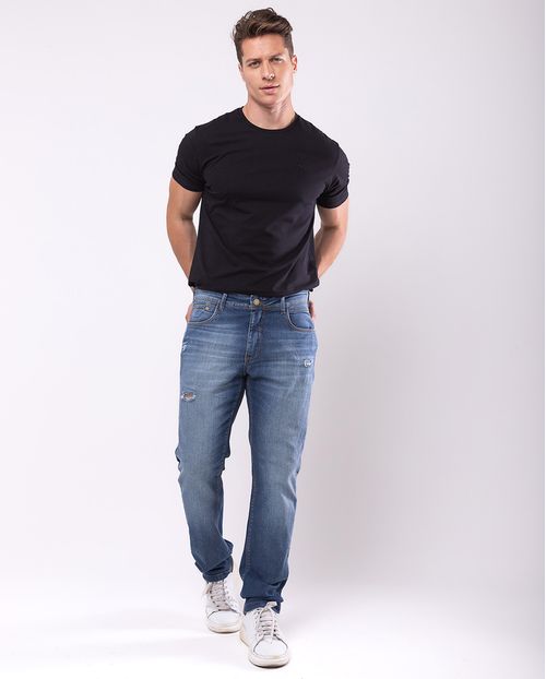 Calça Jeans Slim Fit Masculina Básica com Elastano 23828 Média Rasgada