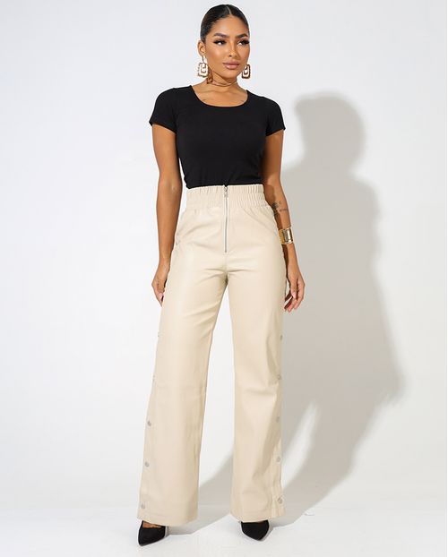 Calça Material Sintético Feminina Cintura Alta Elástico No Cós 90532 Bege