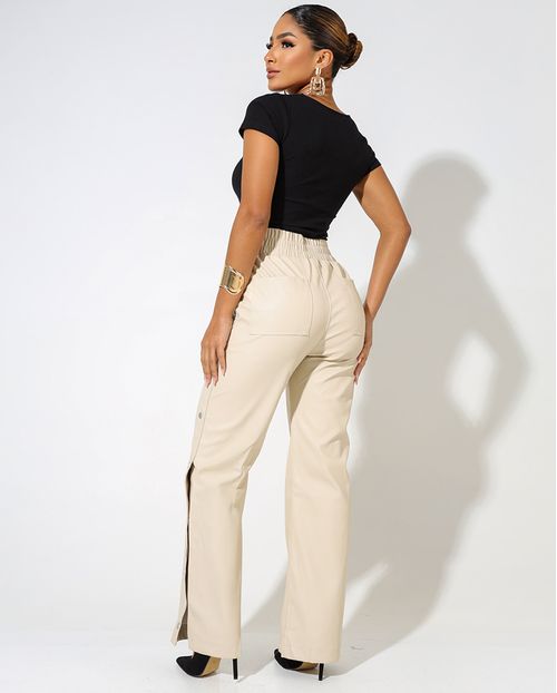 Calça Material Sintético Feminina Cintura Alta Elástico No Cós 90532 Bege