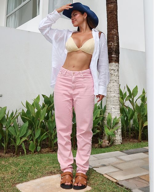 Calça Sarja Mom Feminina Cintura Alta Color 23781 Rosa Vintage