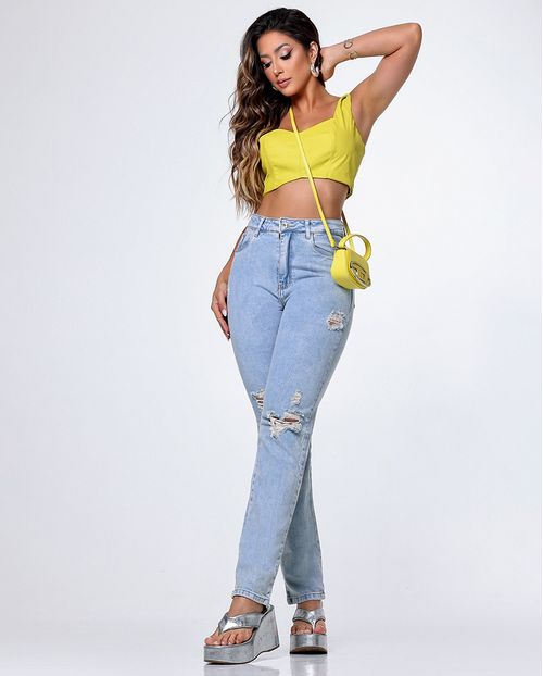 Calça Jeans Reta Feminina Cintura Alta Detalhes Rasgos 23910  Marmorizado
