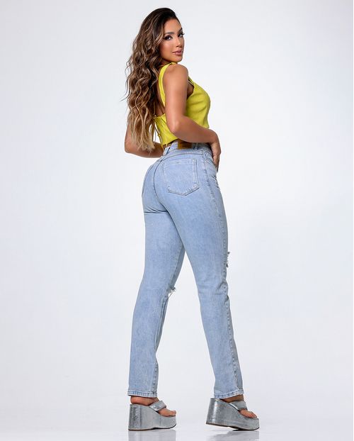 Calça Jeans Reta Feminina Cintura Alta Detalhes Rasgos 23910  Marmorizado