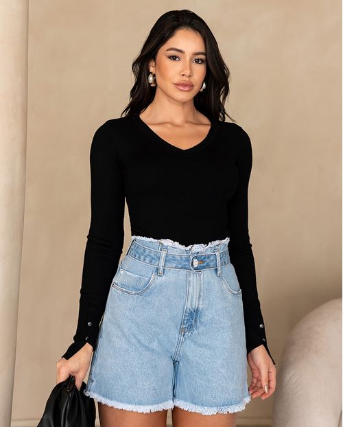 Shorts Jeans Mom Feminino Cintura Alta com Cinto 23973 Clara