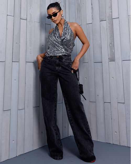 Calça Jeans Black Wide Leg Feminina Cintura Alta Básica 24201 Vintage