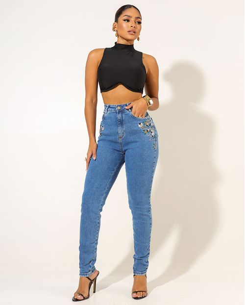 Calça Jeans Mom Feminina Cintura Alta com Bordado 23838 Média
