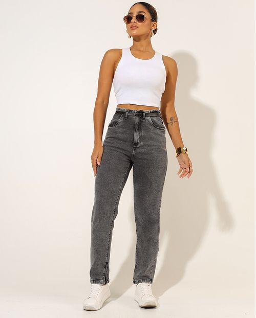 Calça Jeans Black Straight Feminina Cintura Alta com Cinto 23977 Vintage