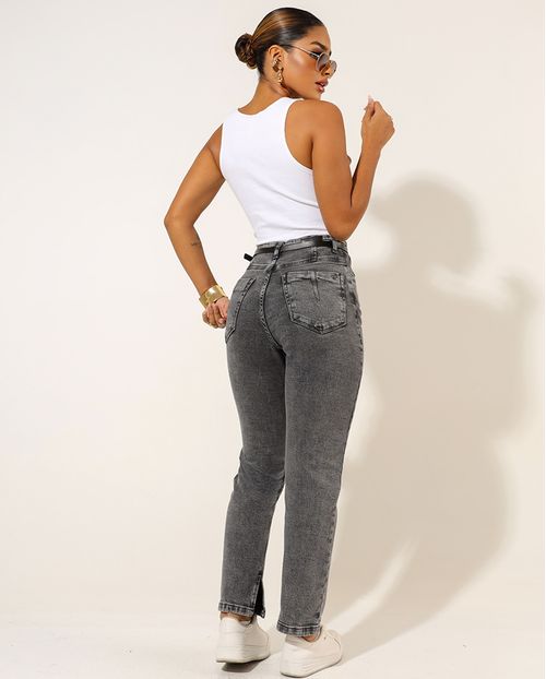 Calça Jeans Black Straight Feminina Cintura Alta com Cinto 23977 Vintage