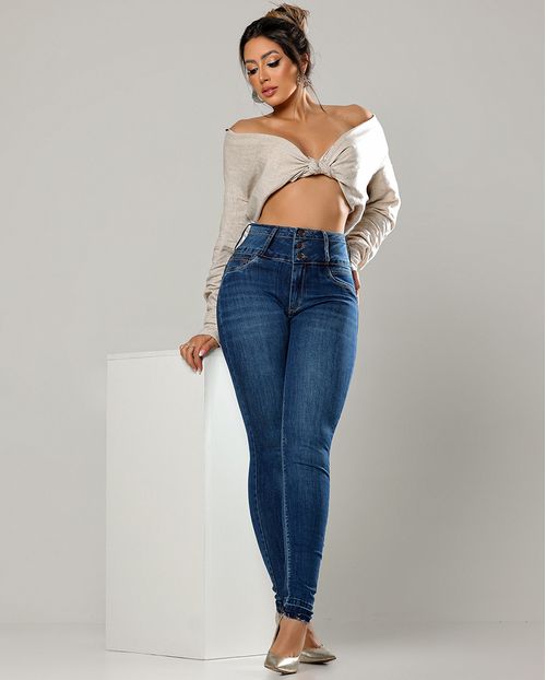 Calça Jeans Skinny Hot Feminina Cintura Alta Cós Duplo 23849 Escura