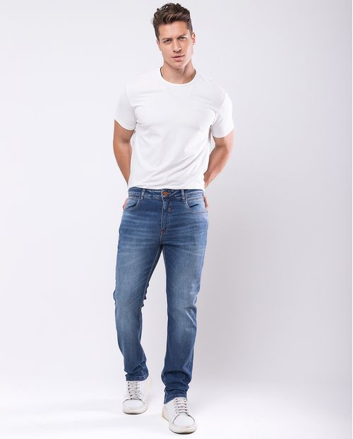 Calça Jeans Slim Fit Masculina Básica Detalhe Costura com Elastano 23912 Médio/escuro