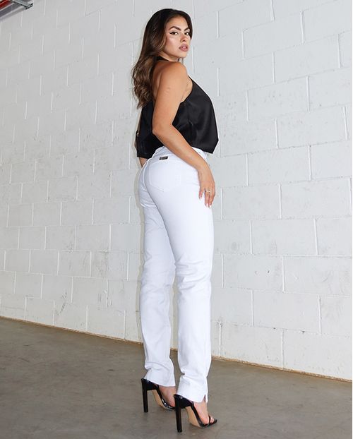 Calça Sarja Mom Feminina Cintura Alta com Cinto 23350 Branco