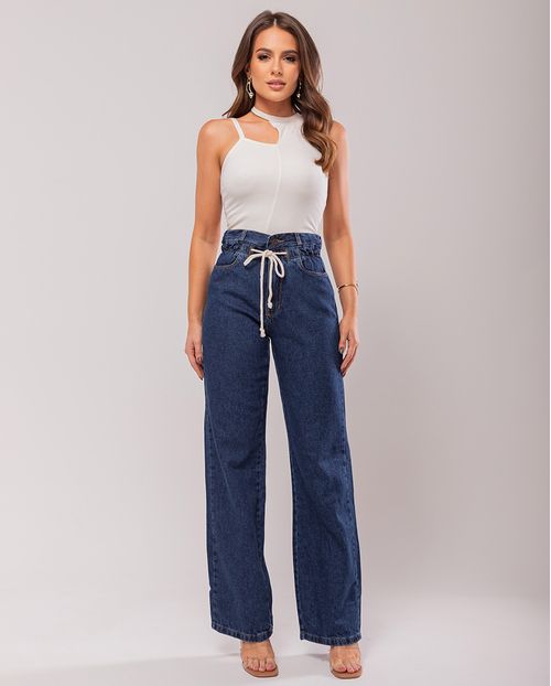 Calça Jeans Wide Leg Feminina Cintura Alta Rope 22918 Escura