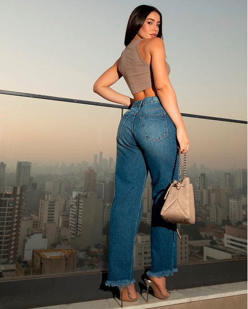 Calça Jeans Reta Feminina Cintura Alta Barra Desfiada 23948 Médio/escuro