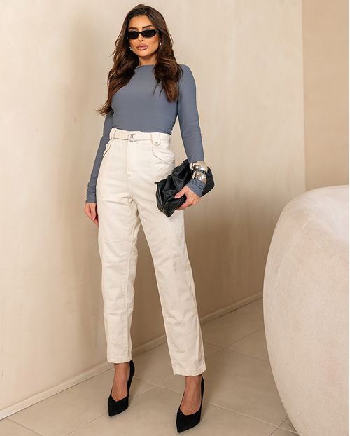 Calça Jeans Off Straight Feminina Cintura Alta com Cinto 23931 Off White