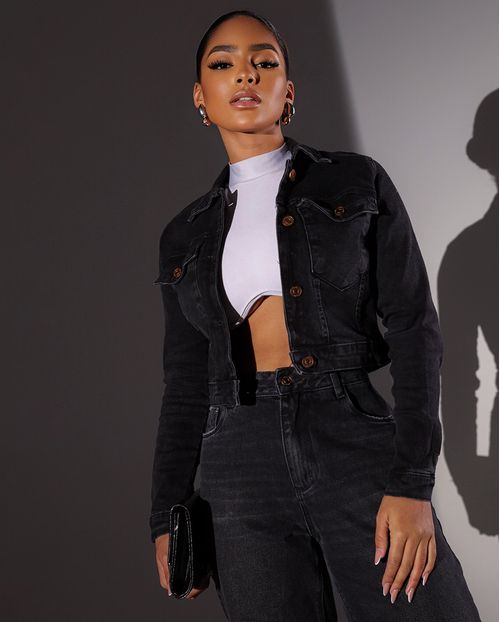 Jaqueta Jeans Black Cropped Feminina com Elastano 23793 Vintage