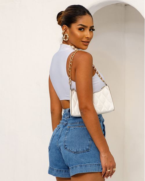 Shorts Jeans Mom Feminino Cintura Alta Detalhe Prega 24254 Médio/escuro
