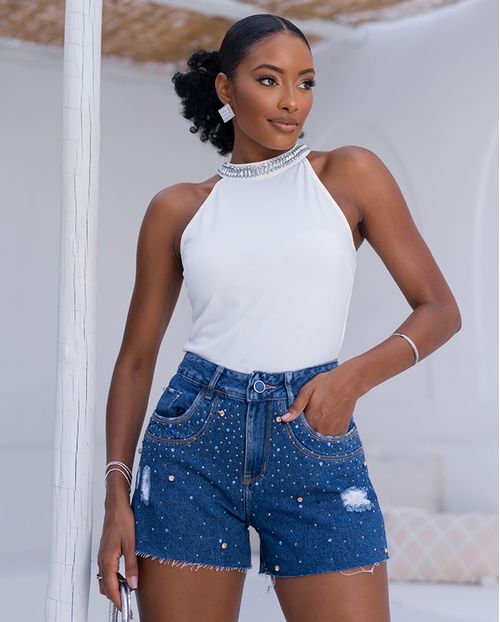 Shorts Jeans Boyfriend Feminino Cintura Média Detalhe Aplicação 23799 Escura
