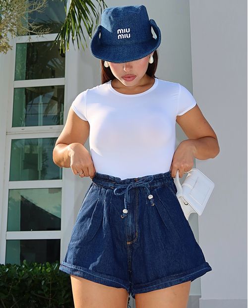 Shorts Jeans Rope Feminino Cintura Alta com Cordão 24247 Escura
