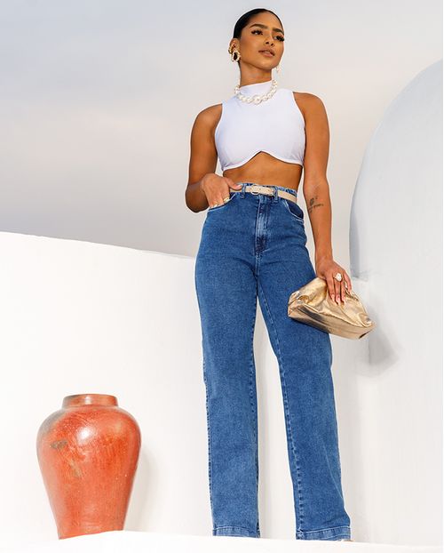Calça Jeans Wide Leg Feminina Cintura Alta com Cinto 23735 Sky Escuro