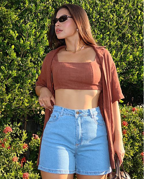 Shorts Jeans Mom Feminino Cintura Alta Básico com Elastano 70201 Média