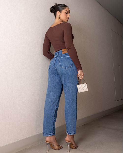 Calça Jeans Mom Feminina Cintura Alta Básica sem Elastano 00120 Média