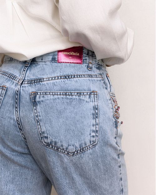 Calça Jeans Straight Feminina Cintura Alta com Aplicação 24105 Média