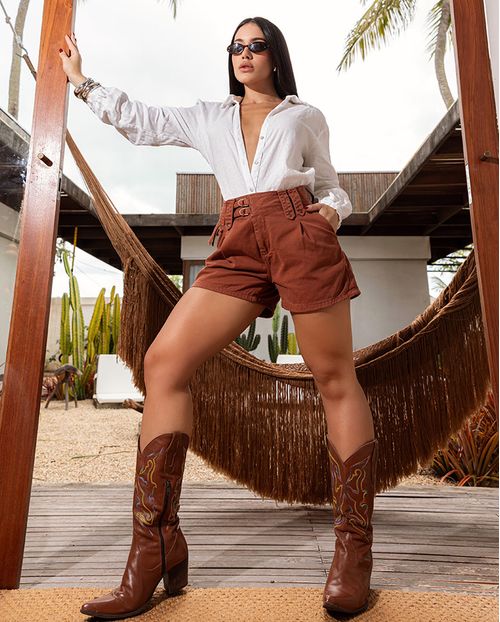 Shorts Sarja Mom Feminino Cintura Alta Detalhe Cós 24182 Terracota