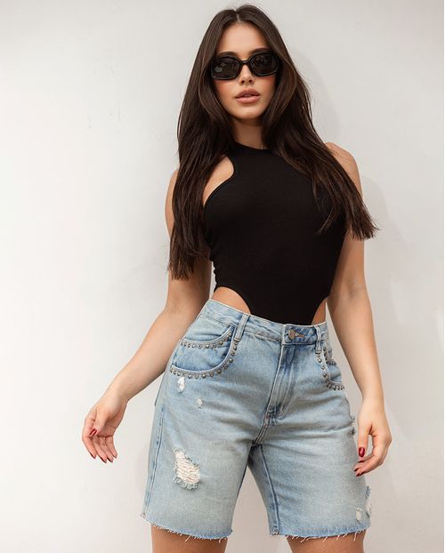 Bermuda Jeans Meia Coxa Feminina Cintura Média com Aplicação 24219 Sujinha