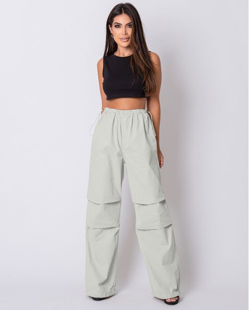Calça Sarja Wide Leg Parachute Feminina Cintura Média 22706 Creme