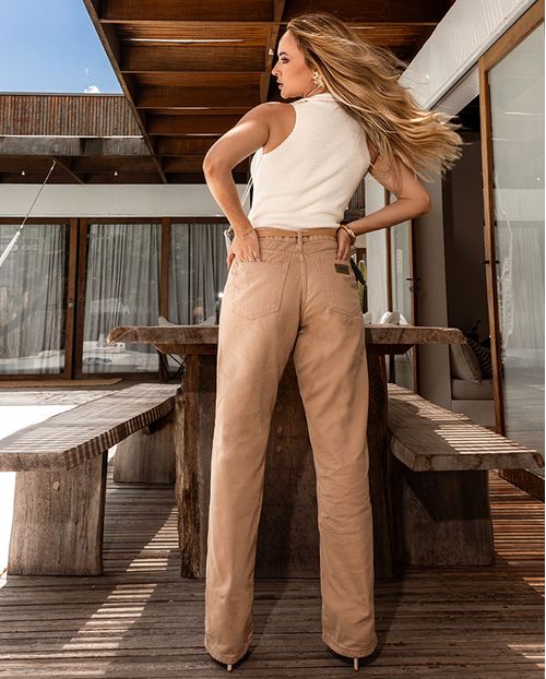 Calça Sarja Reta Feminina Cintura Alta com Cinto 24194 Caqui