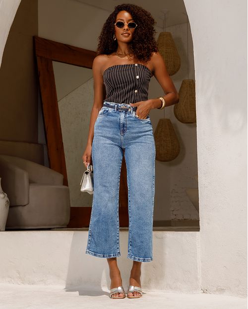 Calça  Jeans Pantacourt Feminina Cintura Alta com Cinto 24269 Médio/escuro